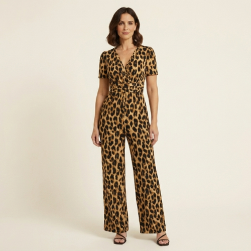 Lara - Leopard Print V-Neck Wide Leg Jumpsuit
