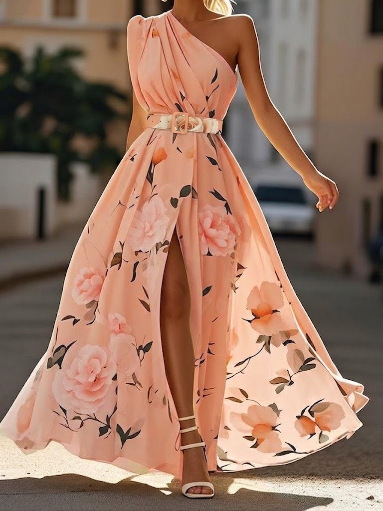 Aurora - Vestido largo floral de un solo hombro
