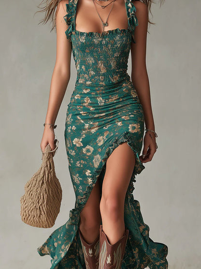Zara - Retro ruffled boho dress with slit