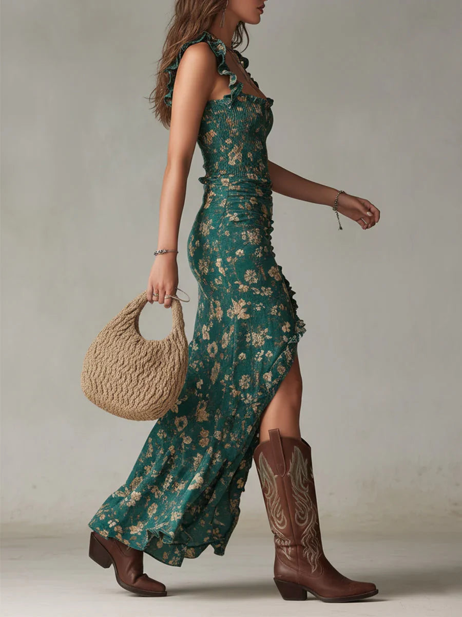 Zara - Retro ruffled boho dress with slit