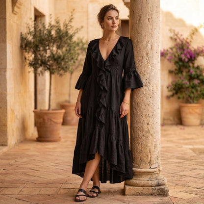 Carolina - Retro Ruffled V-neck Dress