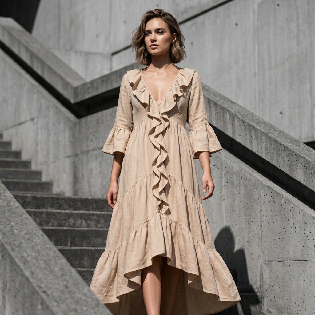 Carolina - Retro Ruffled V-neck Dress