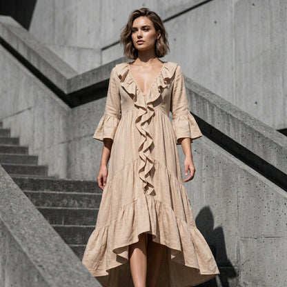Carolina - Retro Ruffled V-neck Dress