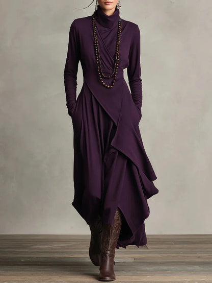 Elena - Elegant high neck maxi dress with an asymmetrical drape