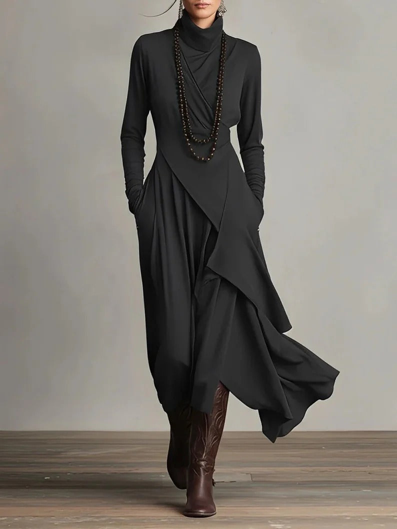 Elena - Elegant high neck maxi dress with an asymmetrical drape
