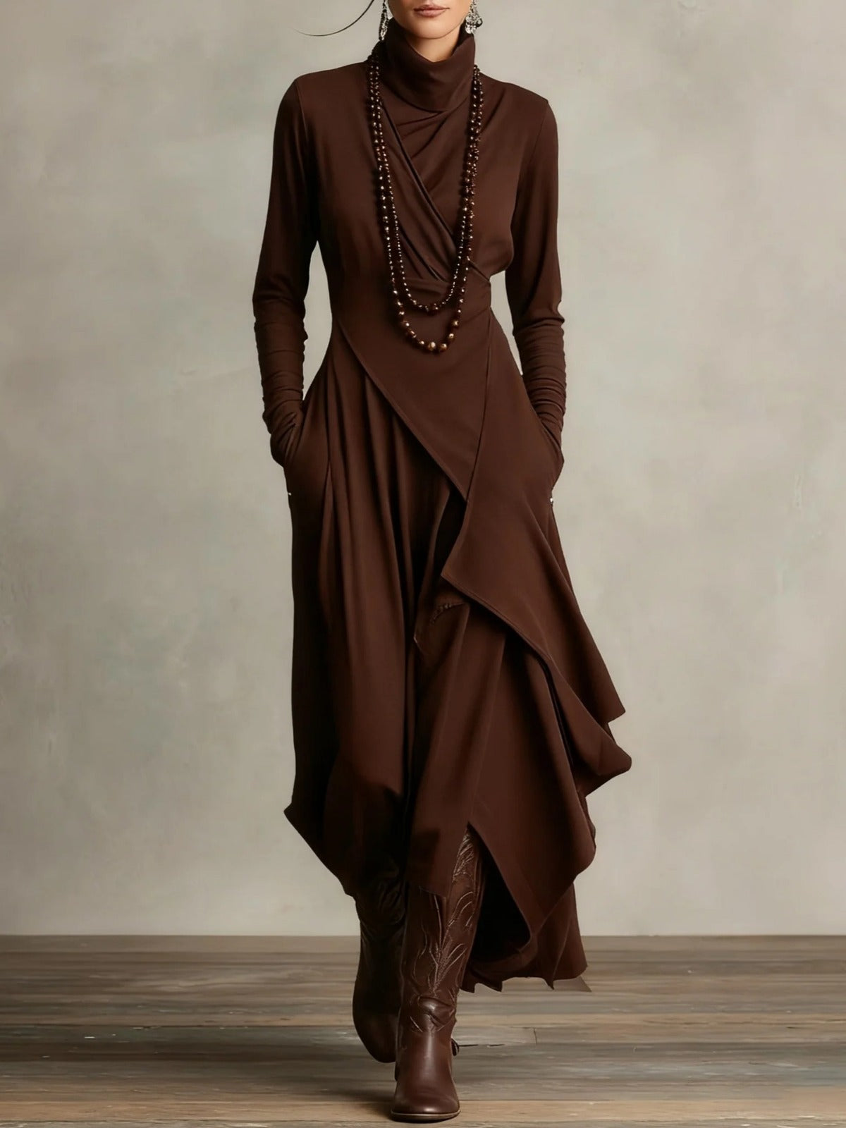 Elena - Elegant high neck maxi dress with an asymmetrical drape