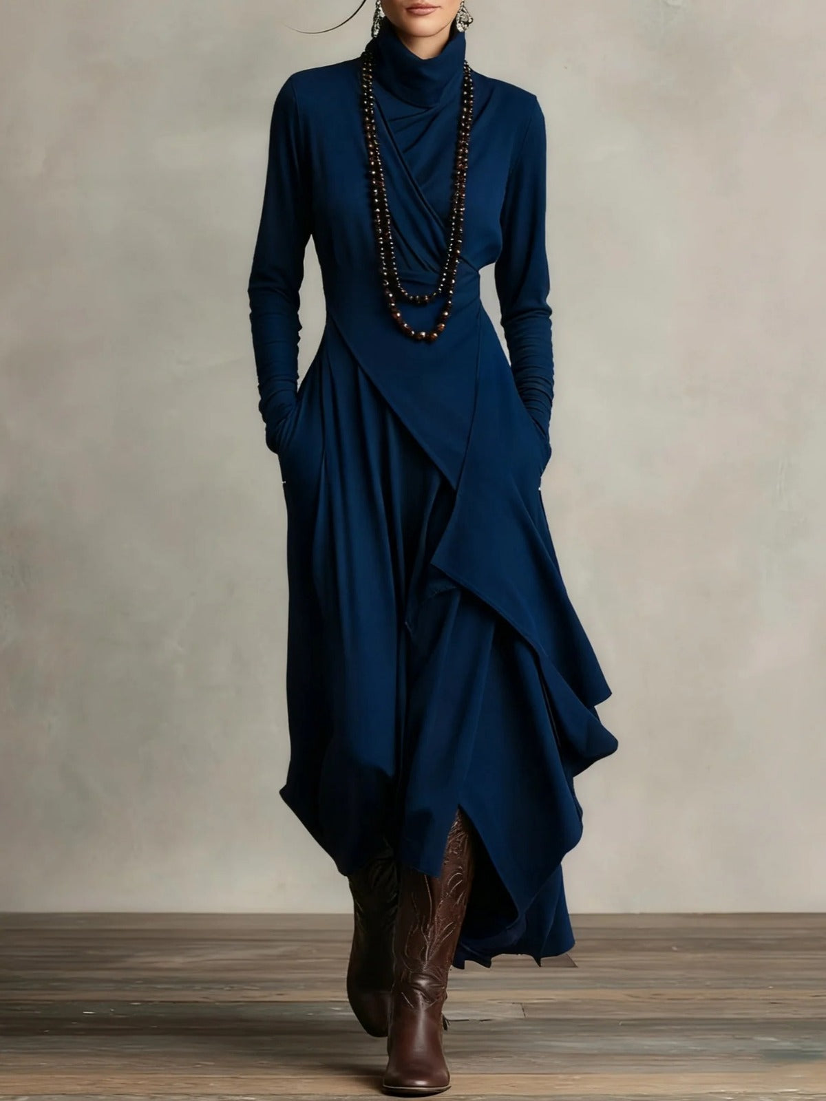 Elena - Elegant high neck maxi dress with an asymmetrical drape