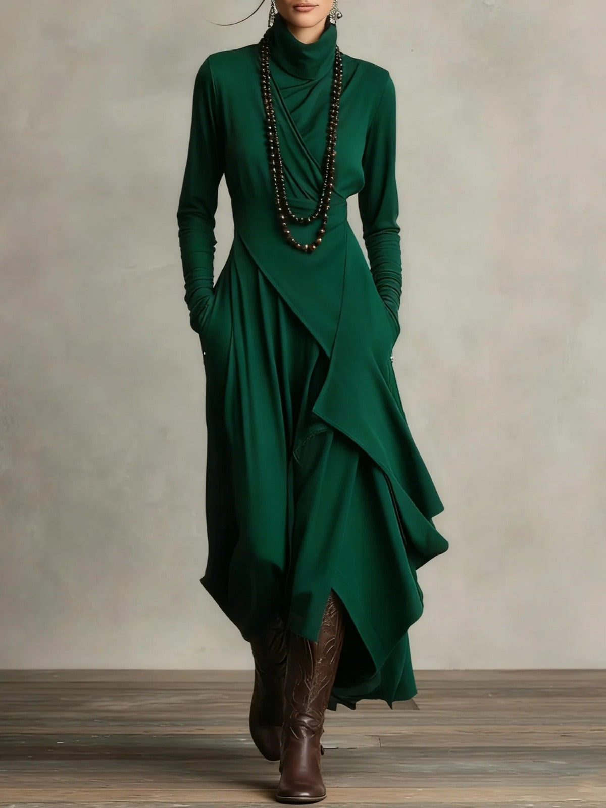 Elena - Elegant high neck maxi dress with an asymmetrical drape
