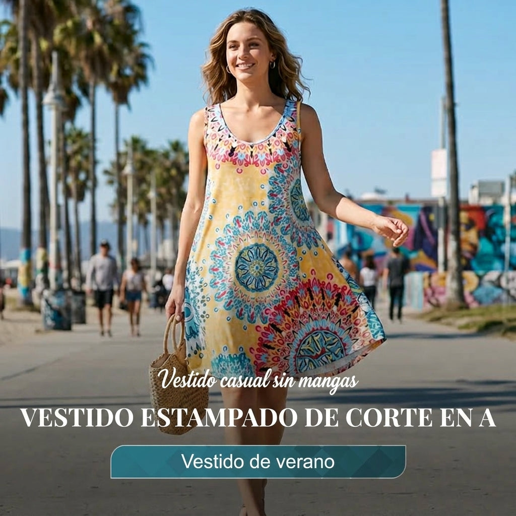 Luna - Vestido de verano con estampado sin mangas y corte en A