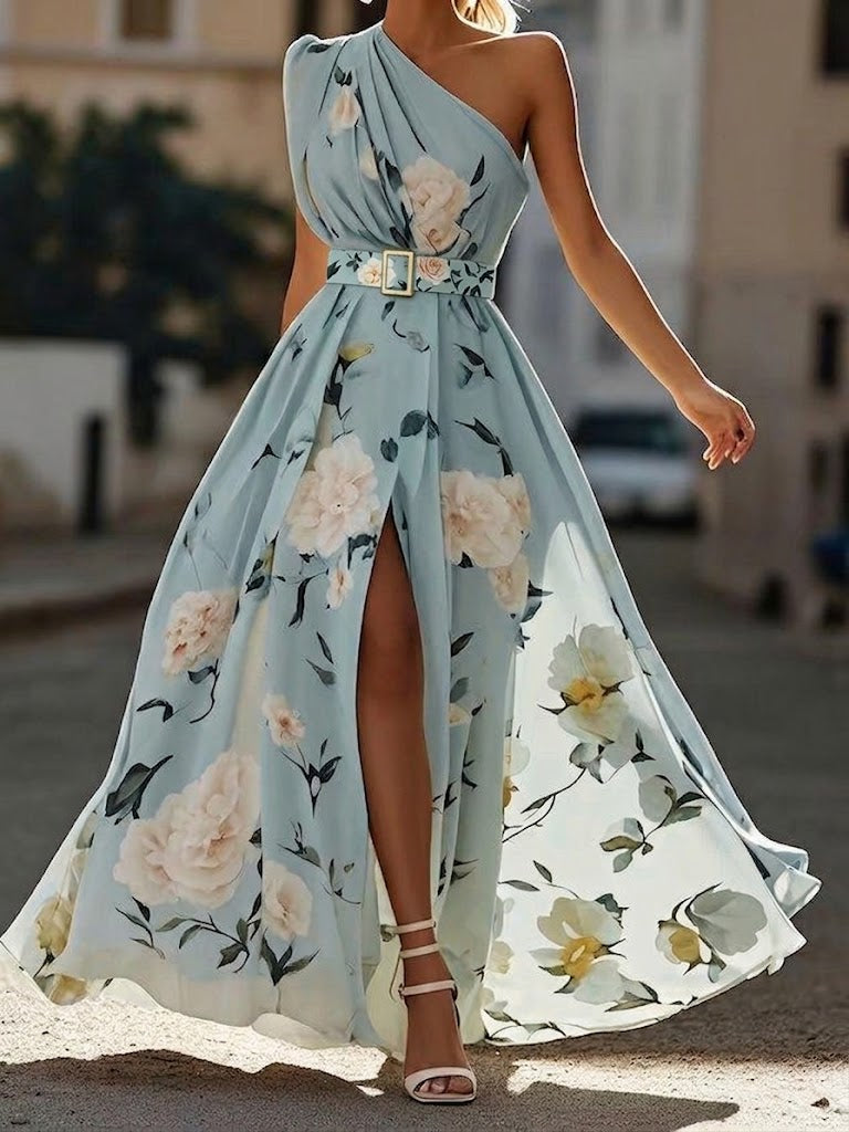 Aurora - Vestido largo floral de un solo hombro