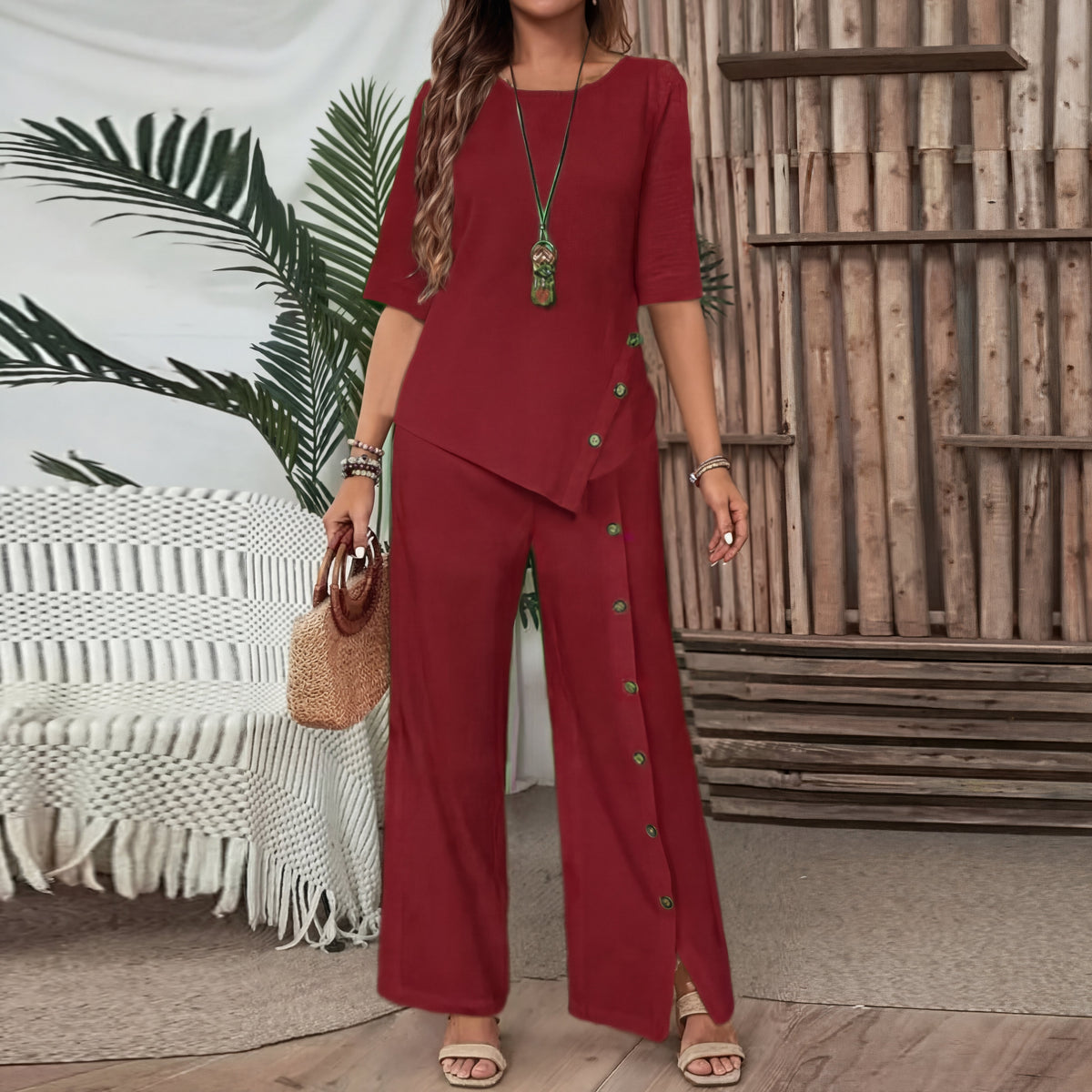 Elena - Elegant asymmetrical top and wide-leg trousers set