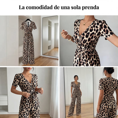 Lara - Leopard Print V-Neck Wide Leg Jumpsuit