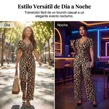 Lara - Leopard Print V-Neck Wide Leg Jumpsuit