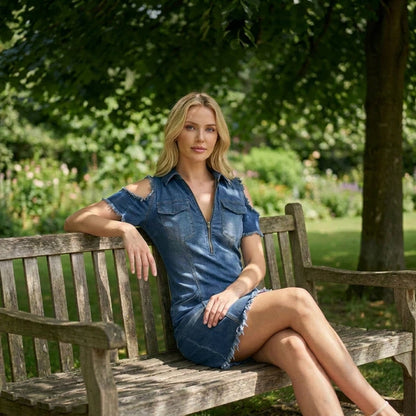 Paula - Denim dress with V-neck and off-the-shoulder sleeves