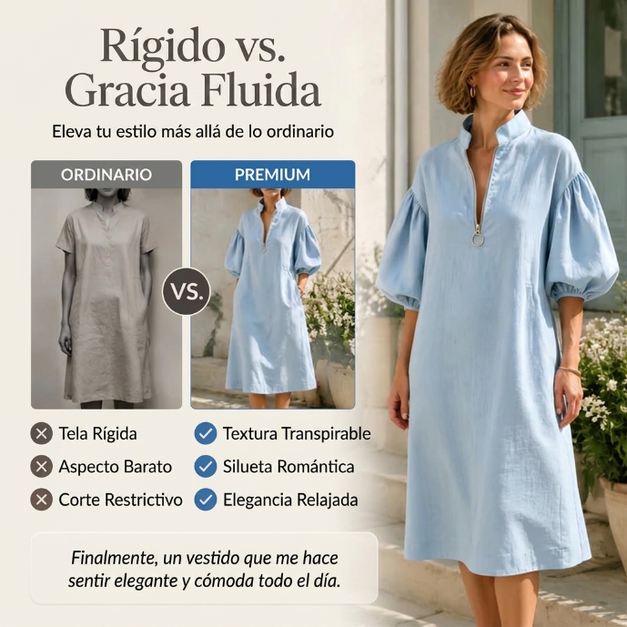 Amaia - Mid-length dress with half-zip and puff sleeves