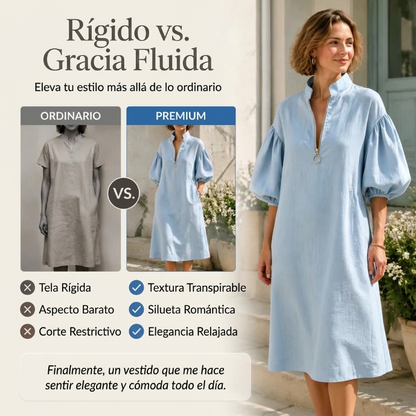 Amaia - Mid-length dress with half-zip and puff sleeves