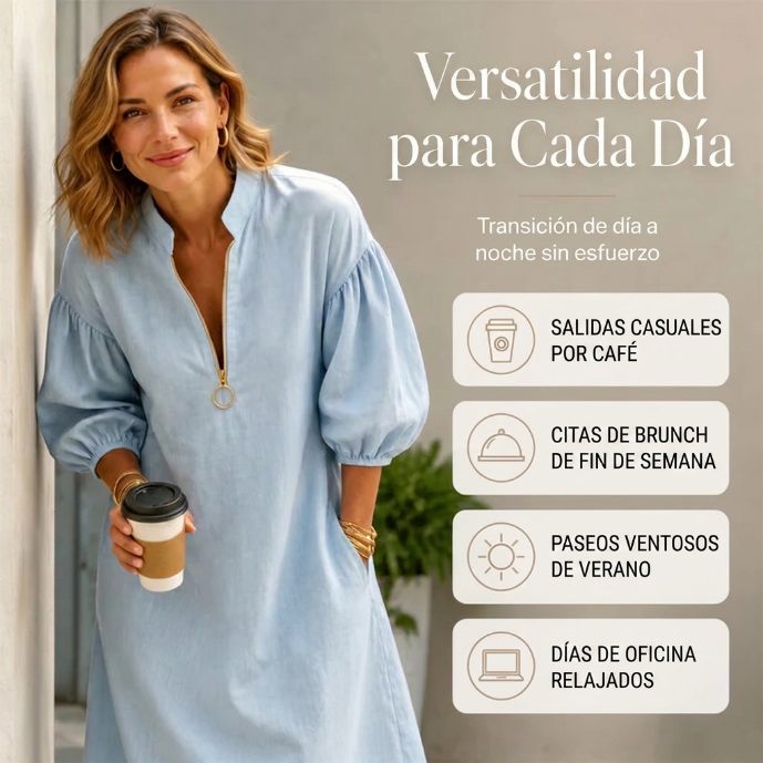 Amaia - Mid-length dress with half-zip and puff sleeves