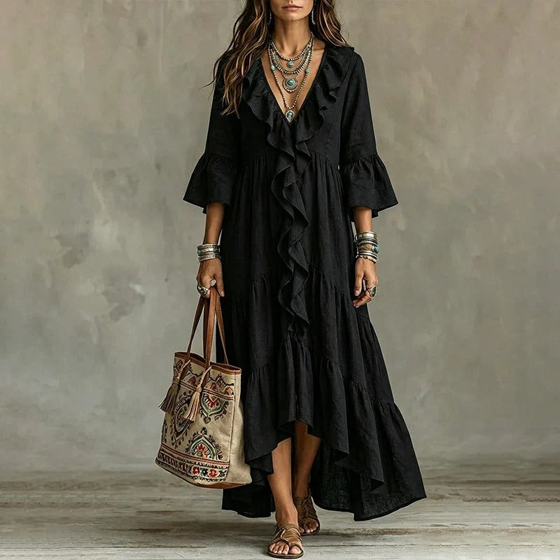 Carolina - Retro Ruffled V-neck Dress