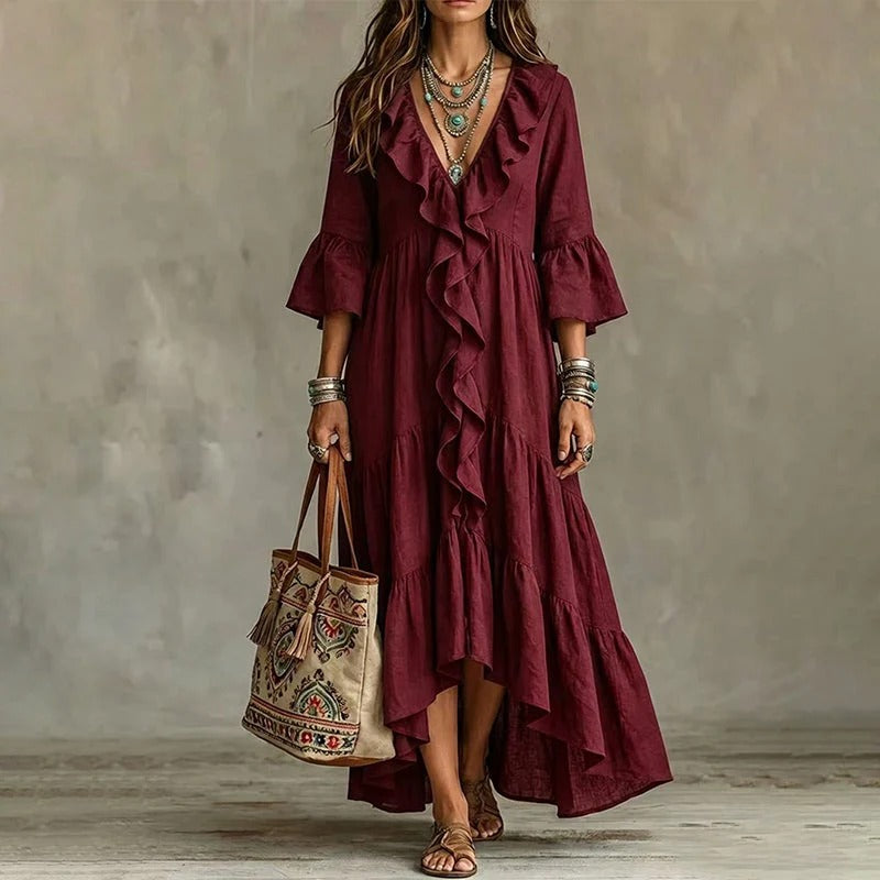 Carolina - Retro Ruffled V-neck Dress