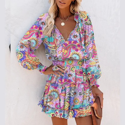 Ariana - Mini vestido con escote en V, manga larga y volantes