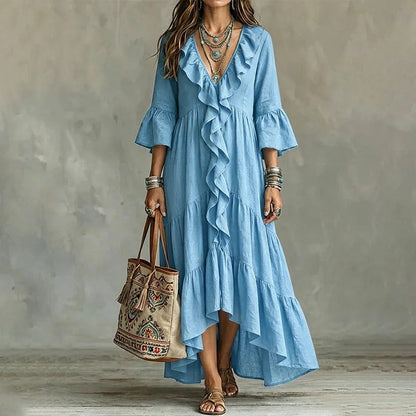 Carolina - Retro Ruffled V-neck Dress