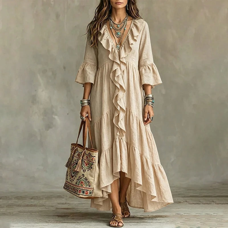 Carolina - Retro Ruffled V-neck Dress