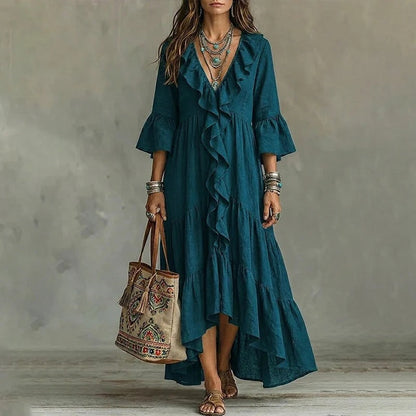 Carolina - Retro Ruffled V-neck Dress