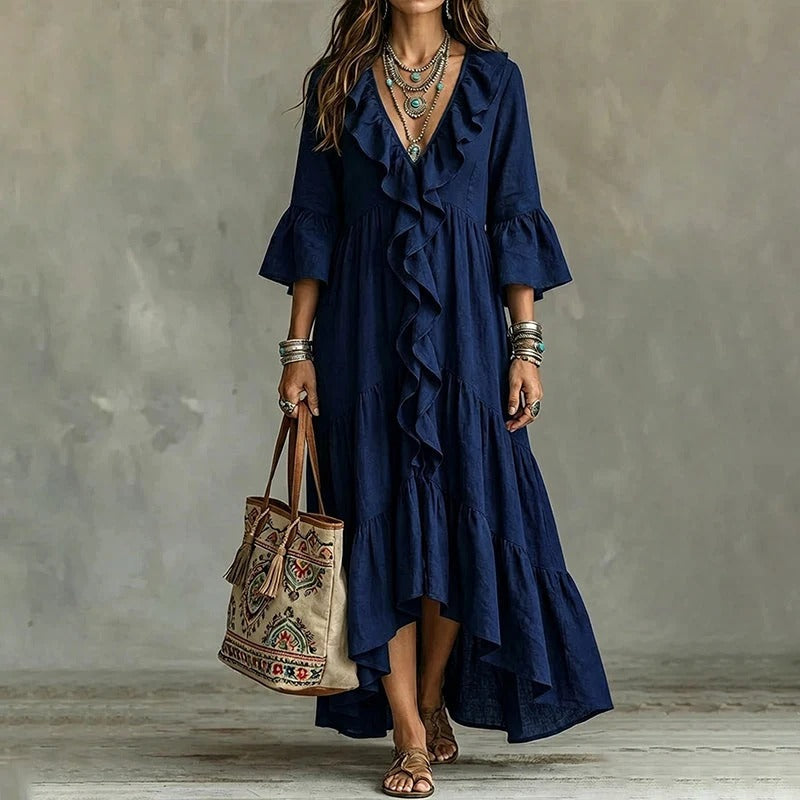 Carolina - Retro Ruffled V-neck Dress