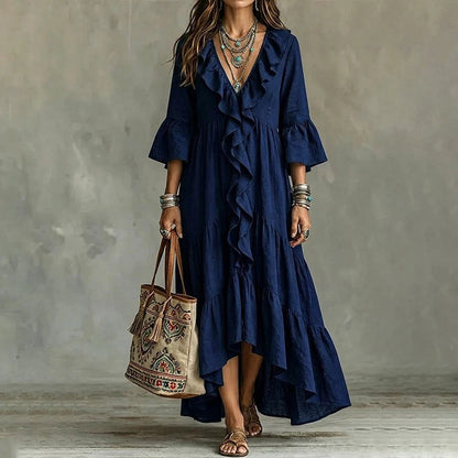 Carolina - Retro Ruffled V-neck Dress