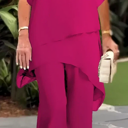 Nuria - Conjunto elegante con top asimétrico y pantalón ancho
