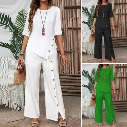 Elena - Elegant asymmetrical top and wide-leg trousers set