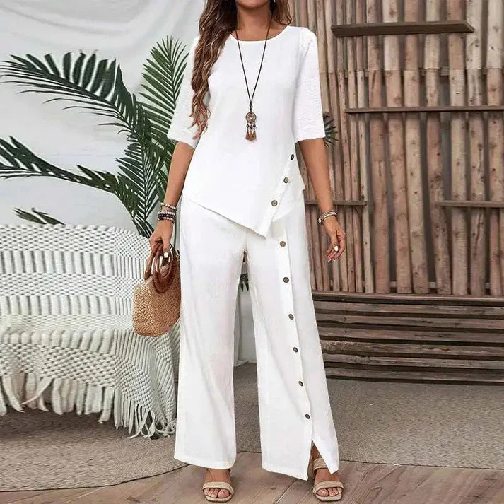 Elena - Elegant asymmetrical top and wide-leg trousers set