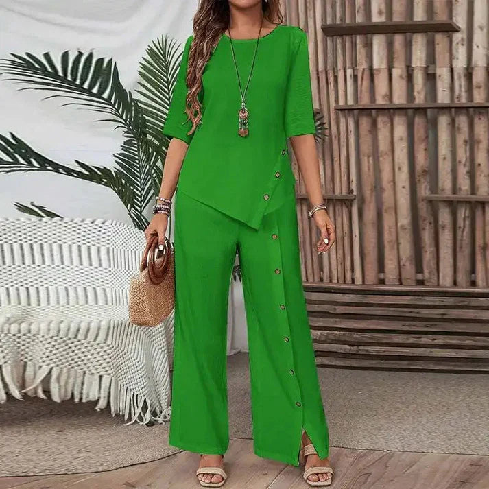 Elena - Elegant asymmetrical top and wide-leg trousers set