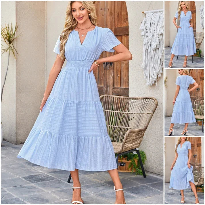 Lina - Short-sleeved V-neck maxi dress