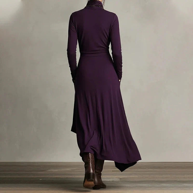 Elena - Elegant high neck maxi dress with an asymmetrical drape