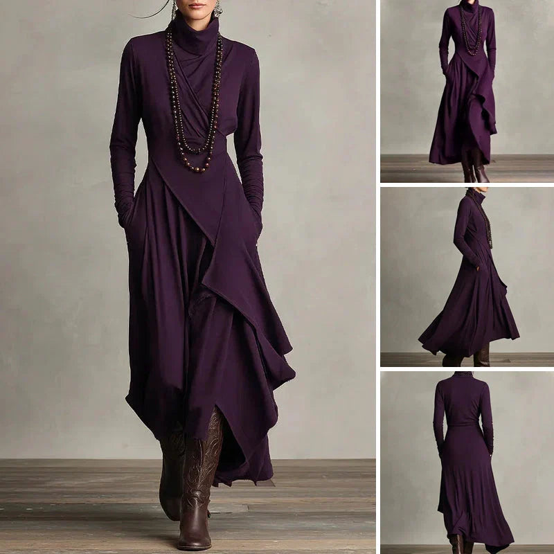 Elena - Elegant high neck maxi dress with an asymmetrical drape
