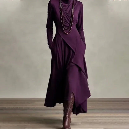 Elena - Elegant high neck maxi dress with an asymmetrical drape