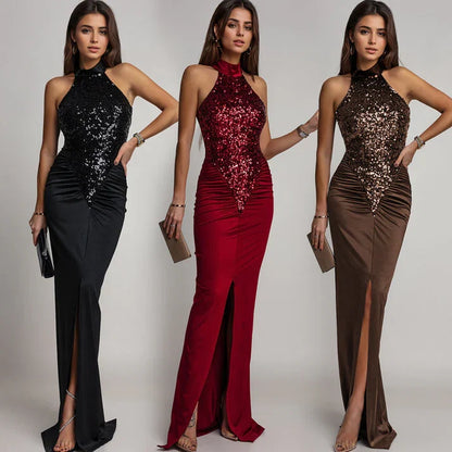 Victoria - Halter dress with slit and sequins