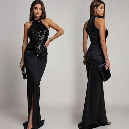Victoria - Halter dress with slit and sequins