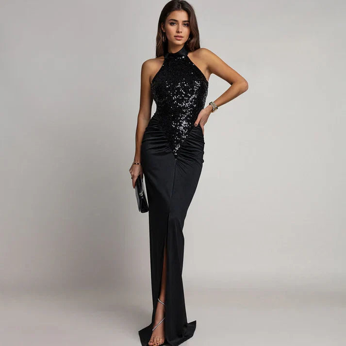 Victoria - Halter dress with slit and sequins