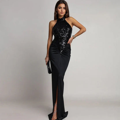 Victoria - Halter dress with slit and sequins
