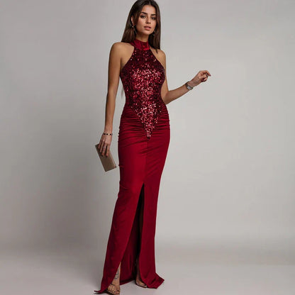 Victoria - Halter dress with slit and sequins