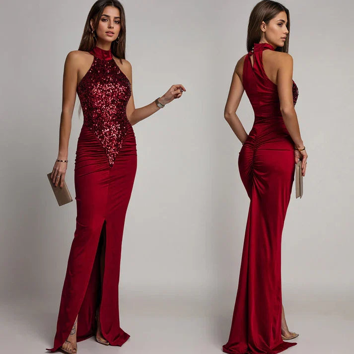 Victoria - Halter dress with slit and sequins