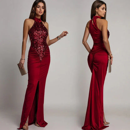 Victoria - Halter dress with slit and sequins