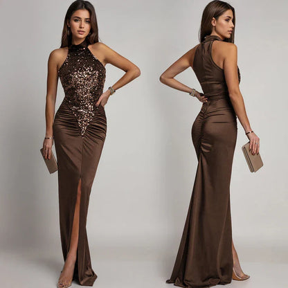 Victoria - Halter dress with slit and sequins