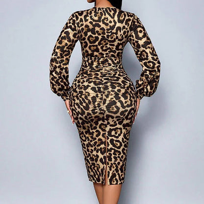 Selena - Leopard lace trim v neck midi dress