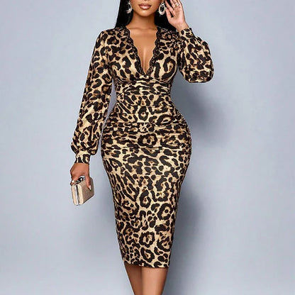 Selena - Leopard lace trim v neck midi dress