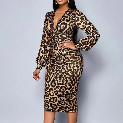 Selena - Leopard lace trim v neck midi dress