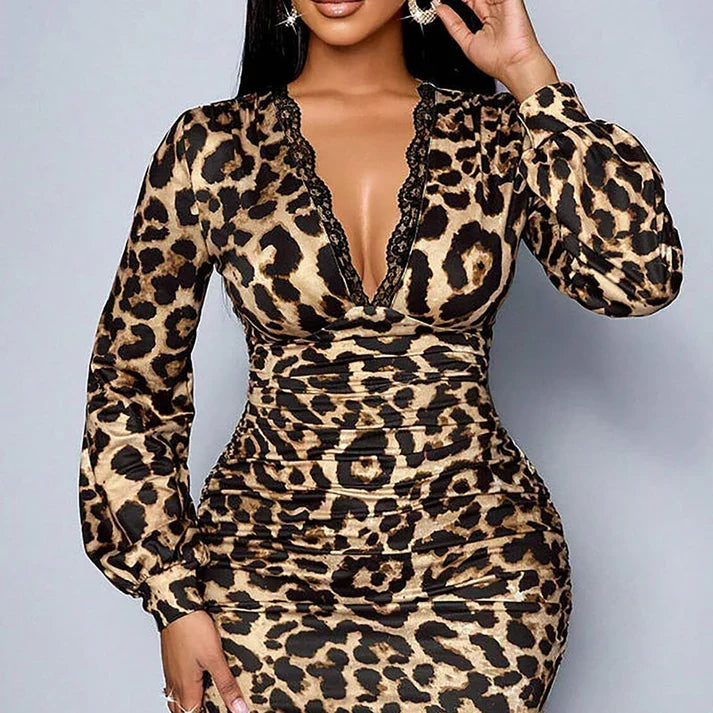 Selena - Leopard lace trim v neck midi dress