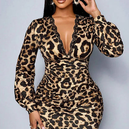 Selena - Leopard lace trim v neck midi dress